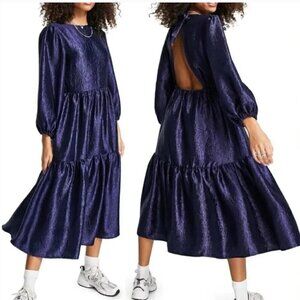 Topshop Textured Dress Jacquard Balloon Sleeve Open Back Midi Navy Blue NWT 6